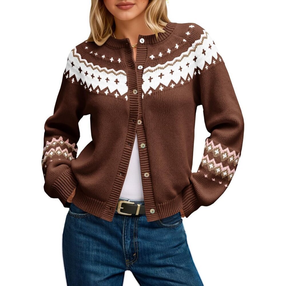 Womens Fair Isle Sweater Cardigan Long Sleeve Knit Button Up Vintage Top